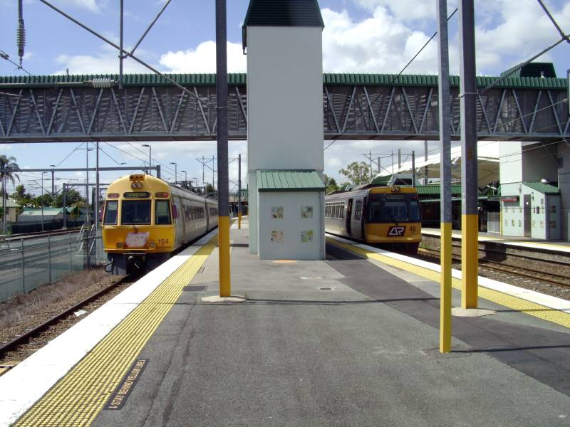 ICE and EMU
Caboolture ICE 154  Nambour service, UP EMU 48 for Ipswich 3rd November 2010
