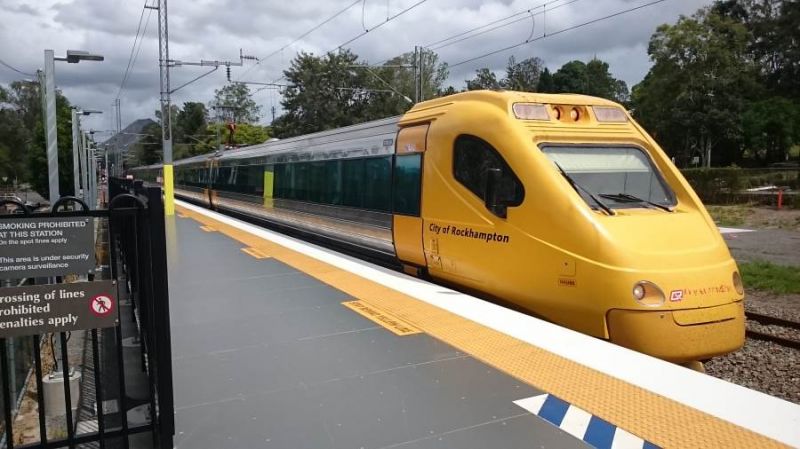 ETT
"City of Rockhampton" electric tilt train (ETT) hustles through Cooran 1st March 2019.   ETTs hold the Australian rail speed record at 210 km/h (130 mph). 
Gauge 3 ft 6 in (1,067 mm).
